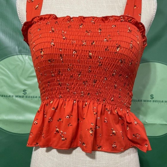 URBAN OUTFITTERS sleeveless smocked cropped ditsy top in ORANGE FLORAL sz S-VGUC - Picture 2 of 9